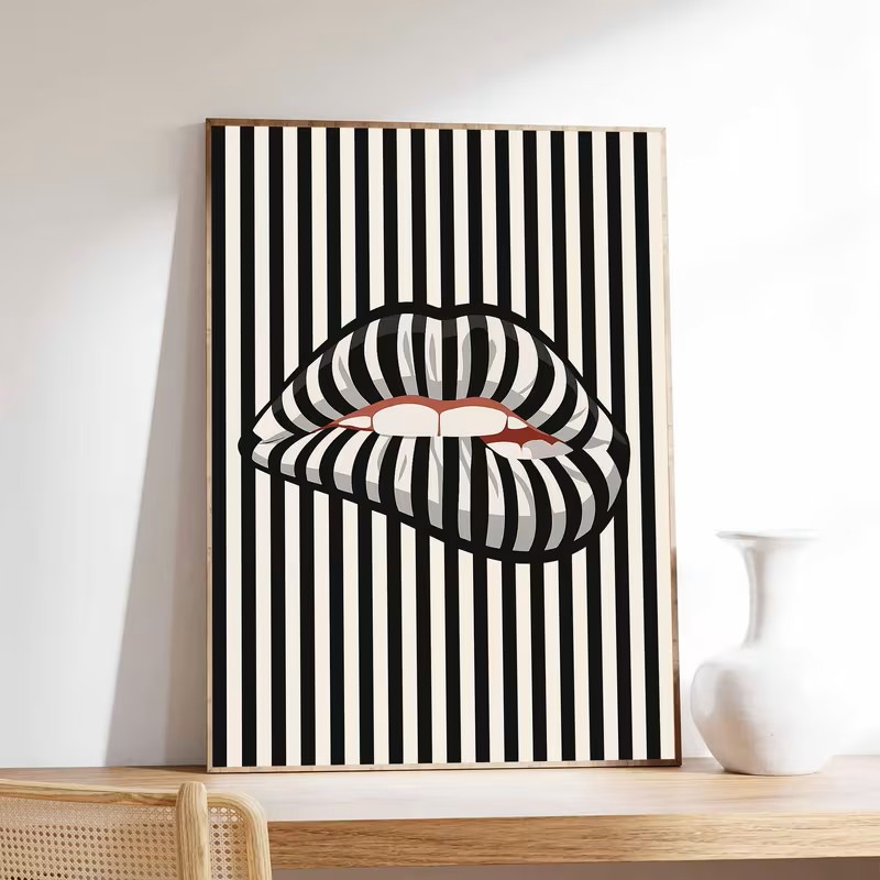 Interior Design Apartment - Eenvoudige en abstracte gestreepte lipvormige canvas